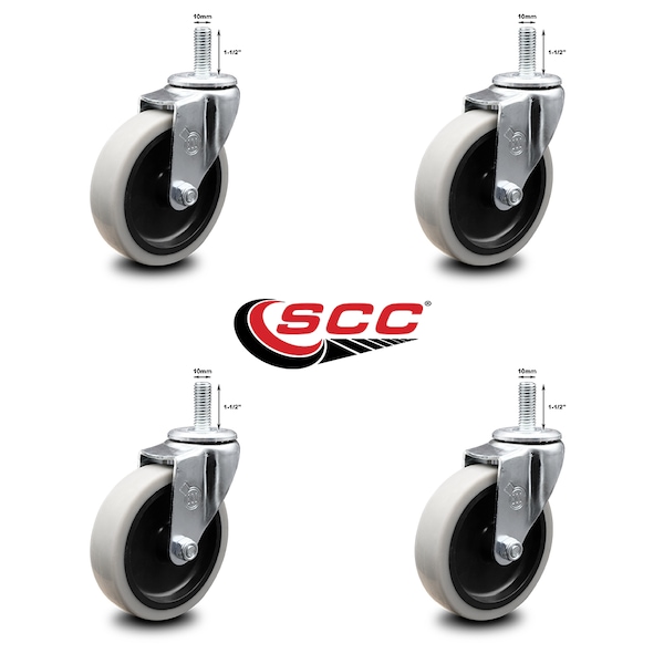 4 Inch Thermoplastic Rubber Wheel 10mm Threaded Stem Caster SCC, 4PK
